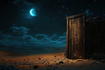 Ancient Wooden Door in Desert Night Under Crescent Moon