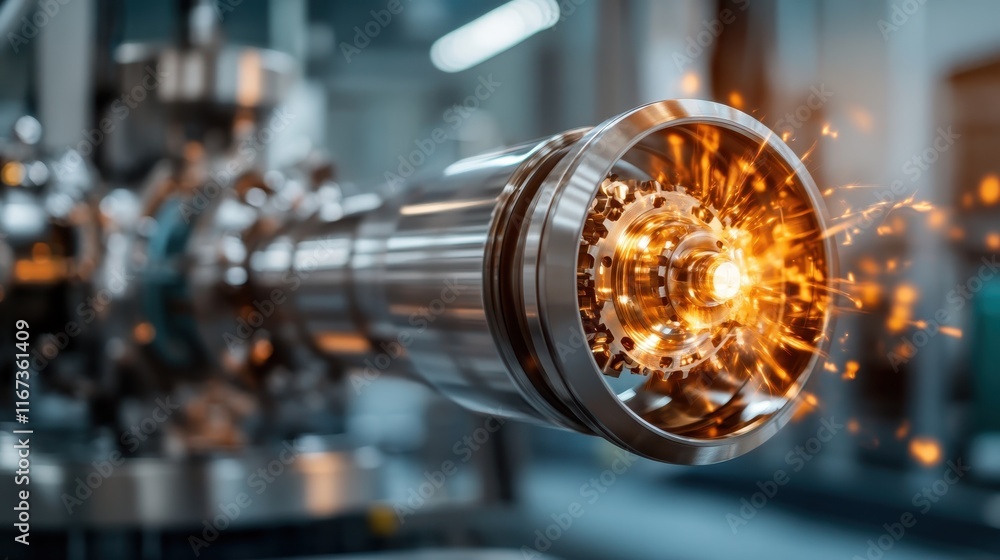 Poster an advanced machine produces sparks during operation, highlighting the power and technical complexit