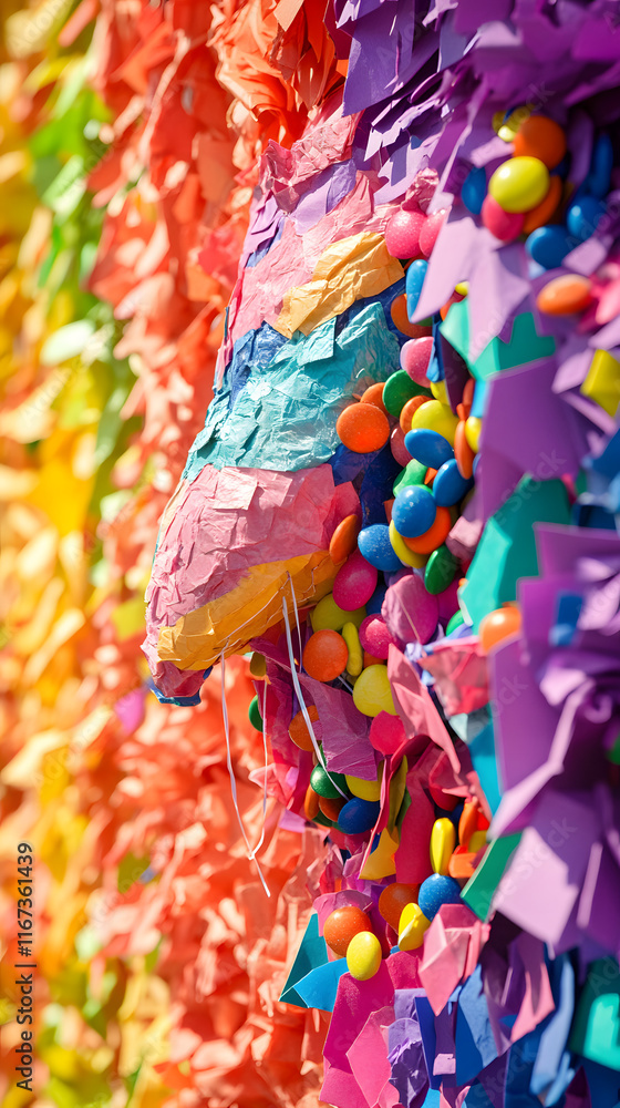Poster a colorful piñata decorated with vibrant paper and filled with assorted candies spilling out, creating a festive atmosphere