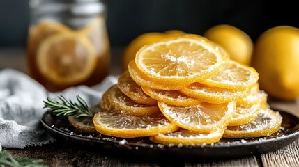 A beautifully arranged display of sliced lemons accompanied by a jar, showcasing a rich, inviting atmosphere ideal for culinary settings and home cooking.