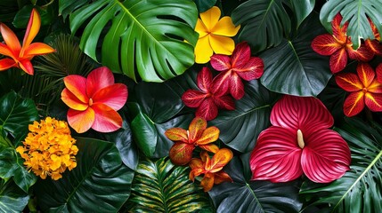 Vibrant Tropical Flowers and Lush Green Leaves