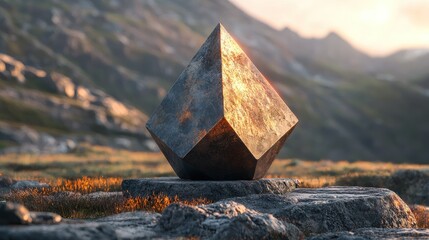 Metallic octahedron sculpture on mountain rocks at sunset.