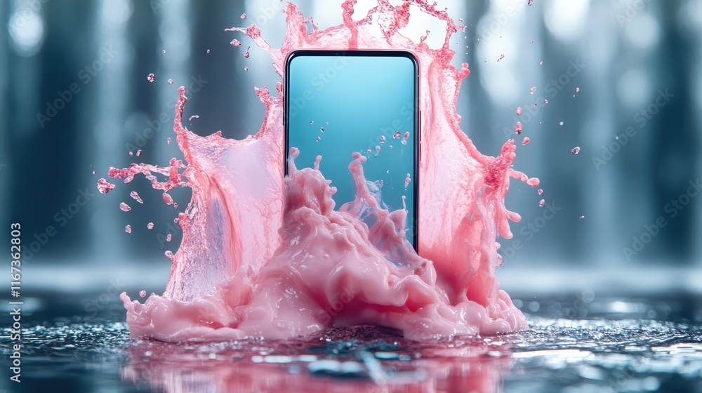Poster a smartphone emerges amidst a dynamic burst of pink liquid, creating an engaging visual effect that 