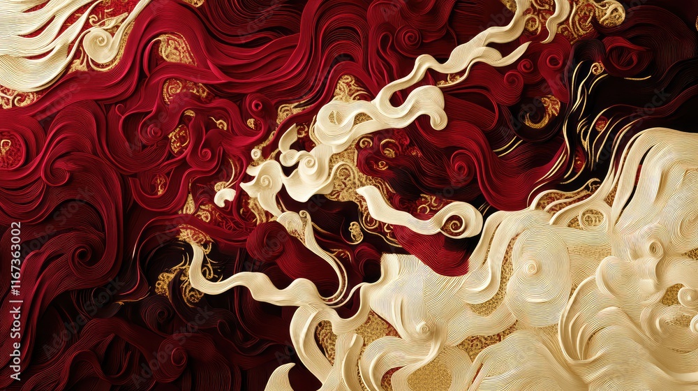 Poster abstract chinese knot representation in flowing red and gold, symbolizing the interconnectedness of 