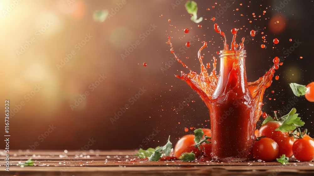 Poster A visually dynamic image of a bottle filled with tomato juice splattering against a backdrop of fresh tomatoes, emphasizing the lively and refreshing nature of this beverage.