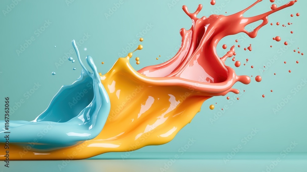 Poster a striking image of interconnected paint splashes in lively colors, showcasing the fluid motion and 