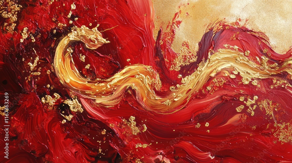 Poster abstract chinese knot representation in flowing red and gold, symbolizing the interconnectedness of 