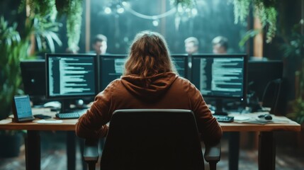A person with long hair sits in a lush workspace, immersed in coding on multiple screens, symbolizing dedication and creativity in a thriving technological setting.