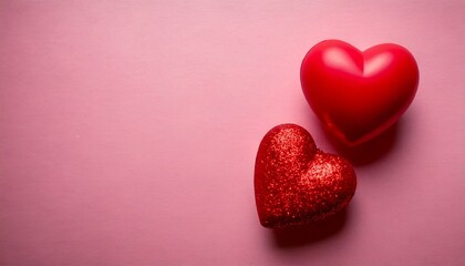 Fototapeta premium two red and pink hearts on the left on pink pastel background