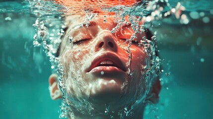 An artistic underwater portrait capturing a serene moment of an individual’s face submerged, conveying emotions of tranquility, reflection, and the beauty of water.