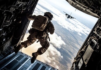 A brave airborne soldier leaps from a military aircraft.