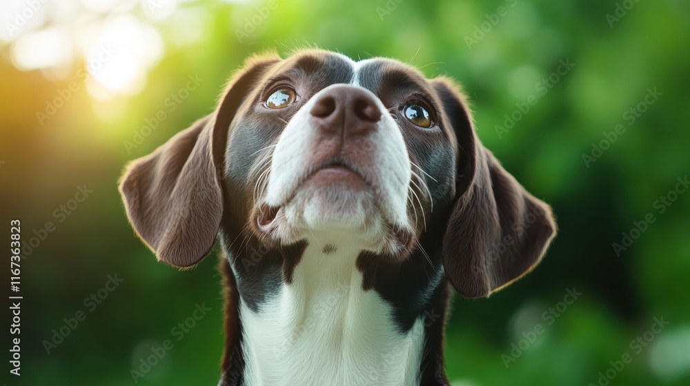 Poster a charming dog with a mixed coat color looks upward with curiosity, illuminated by soft natural ligh