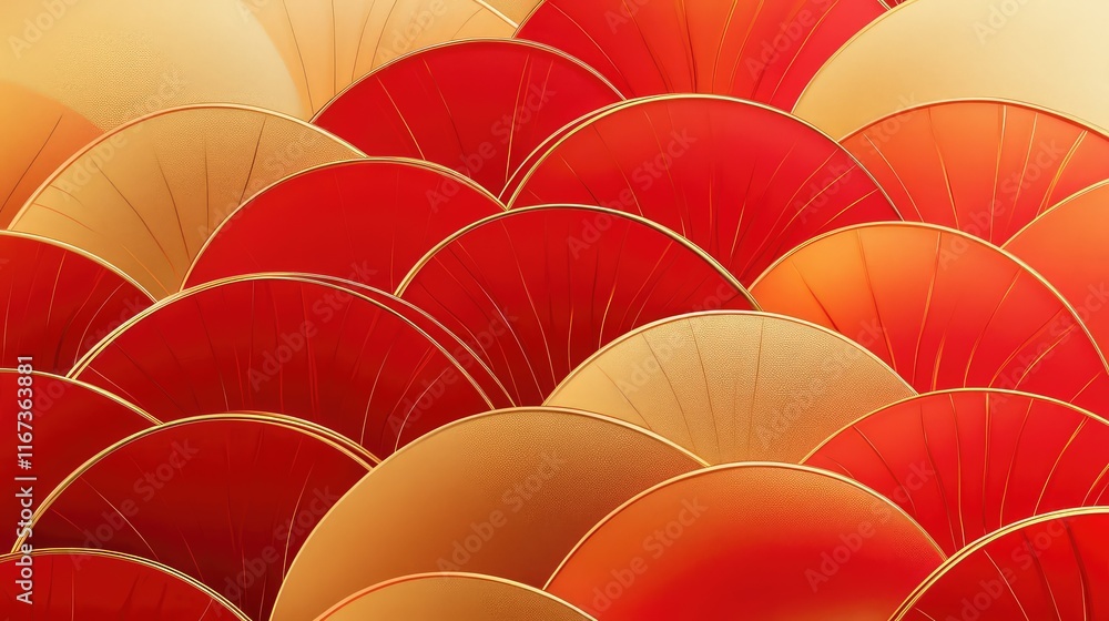 Poster abstract chinese lantern-inspired patterns in red and gold, with smooth gradients and sharp, clean l