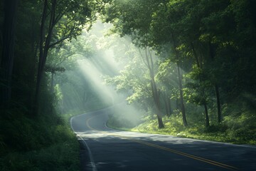 Fototapeta premium Sunlit Road Winding Through a Lush Green Forest