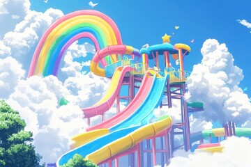 Rainbow Waterpark Slides Amongst Fluffy Clouds