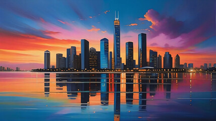 Paint a vivid cityscape at dusk