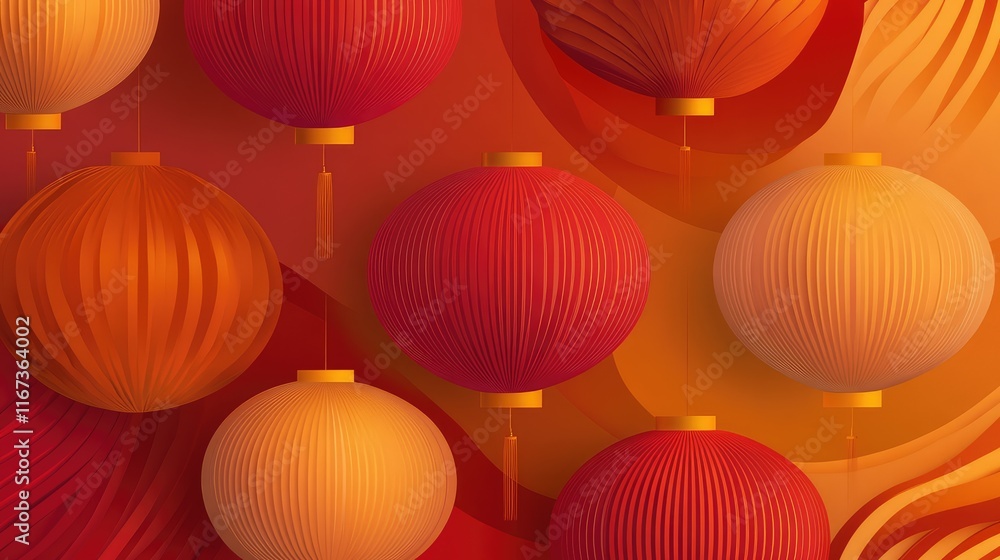 Aufkleber abstract chinese lantern-inspired patterns in red and gold, with smooth gradients and sharp, clean l