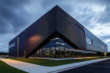 A modern warehouse office building featuring sleek exterior architecture.
