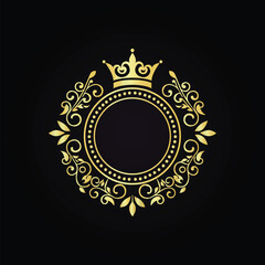 Elegant ornamental crown design with intricate golden floral patterns on a black luxurious background  
