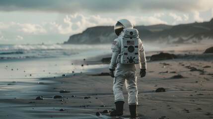 A Lone Astronaut Contemplates the Shoreline, A Surreal Encounter Between Space and Earth's Coastal Beauty,