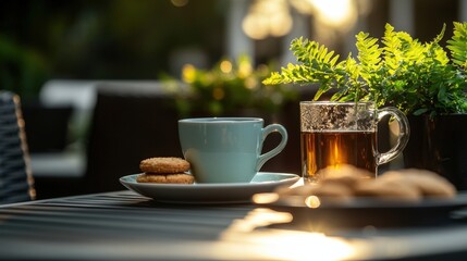 Serene Outdoor Cafe Setting with Patio Table Ready for Coffee and Cookies, Perfect for Relaxation and Enjoyment in a Calm Environment