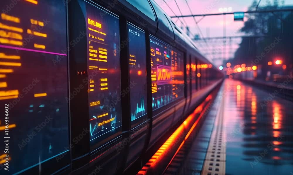 Poster futuristic train display with vibrant data visuals