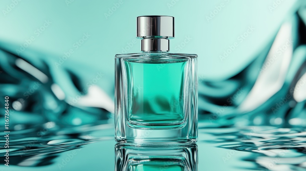 Poster this image features a clear perfume bottle resting on a stunning aqua reflective backdrop, demonstra