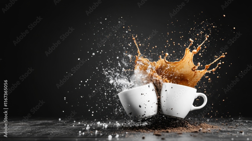 Poster this dynamic image features a creative blend of coffee and water splashing from two cups, symbolizin