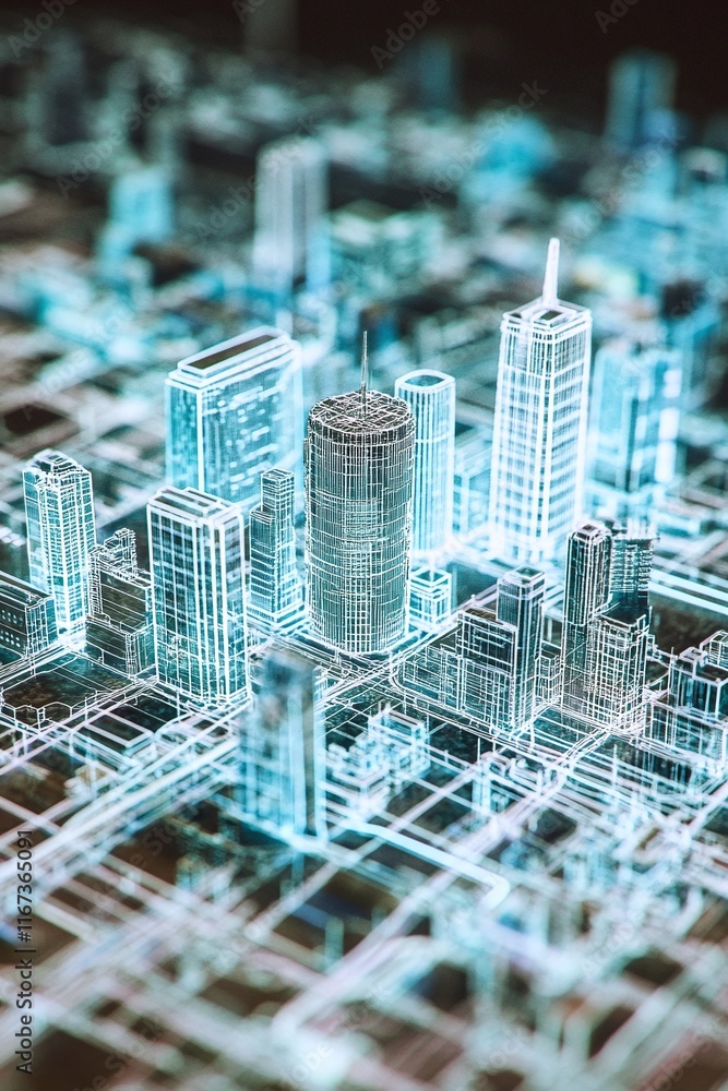 Aufkleber high-resolution cad rendering of a city-wide electrical grid system displayed on a desktop screen.
