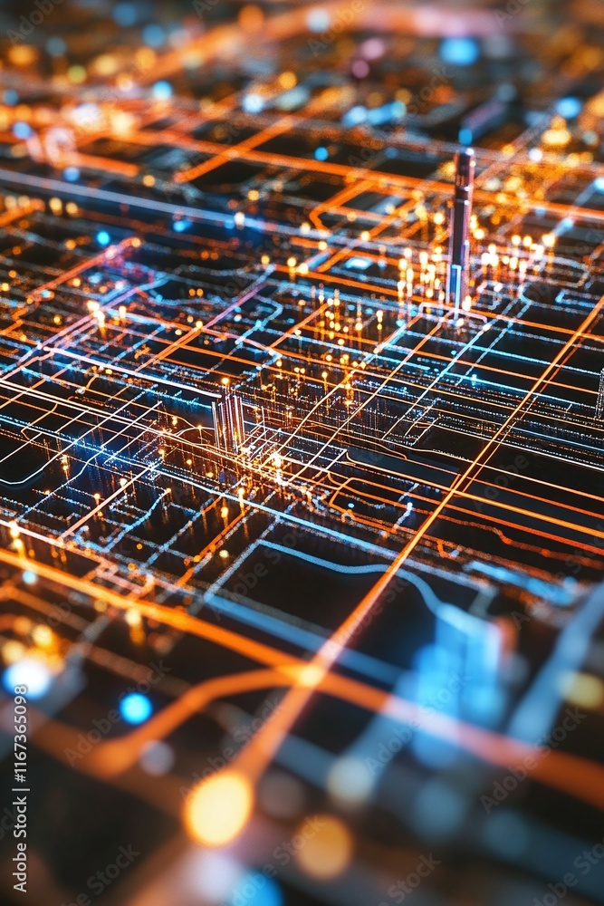 Poster high-resolution cad rendering of a city-wide electrical grid system displayed on a desktop screen.
