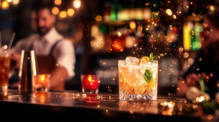 An Enchanting Bar Scene Featuring Dim Lighting, Elegant Cocktails, and a Cozy Atmosphere Perfect for Intimate Gatherings and Relaxing Evenings Out