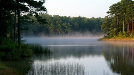 Serene Morning Mist Over Still Lake And Forest