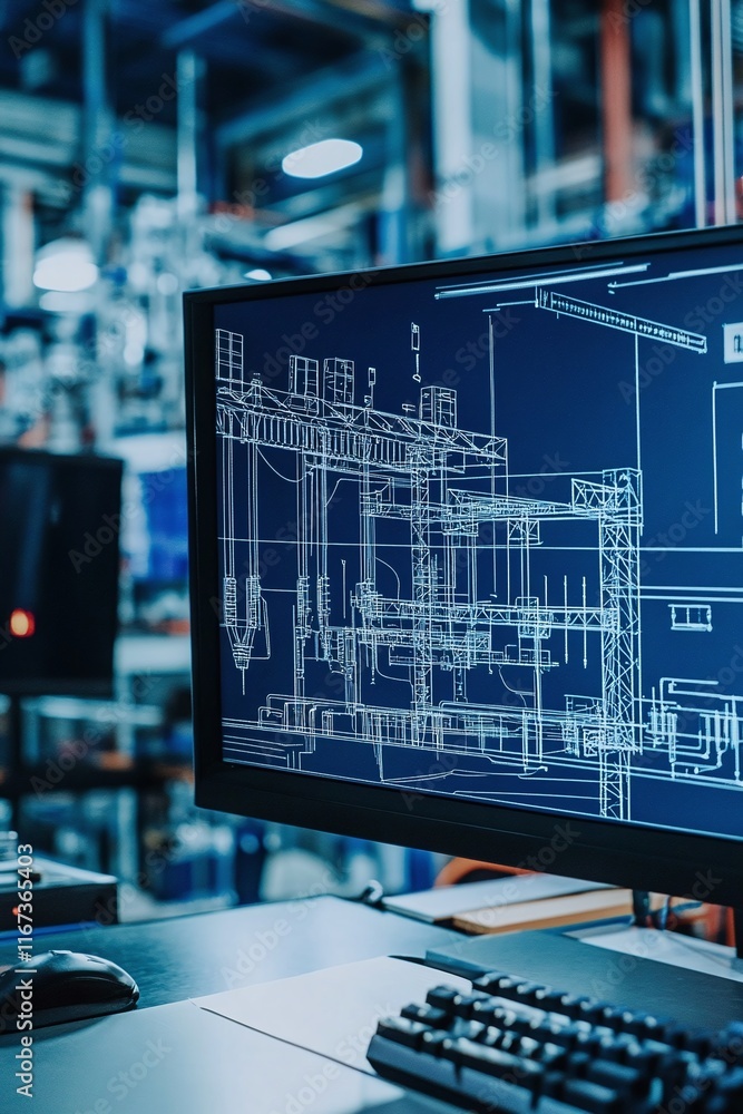 Aufkleber high-tech desktop setup with a 3d cad rendering of power grid integration with renewable sources.