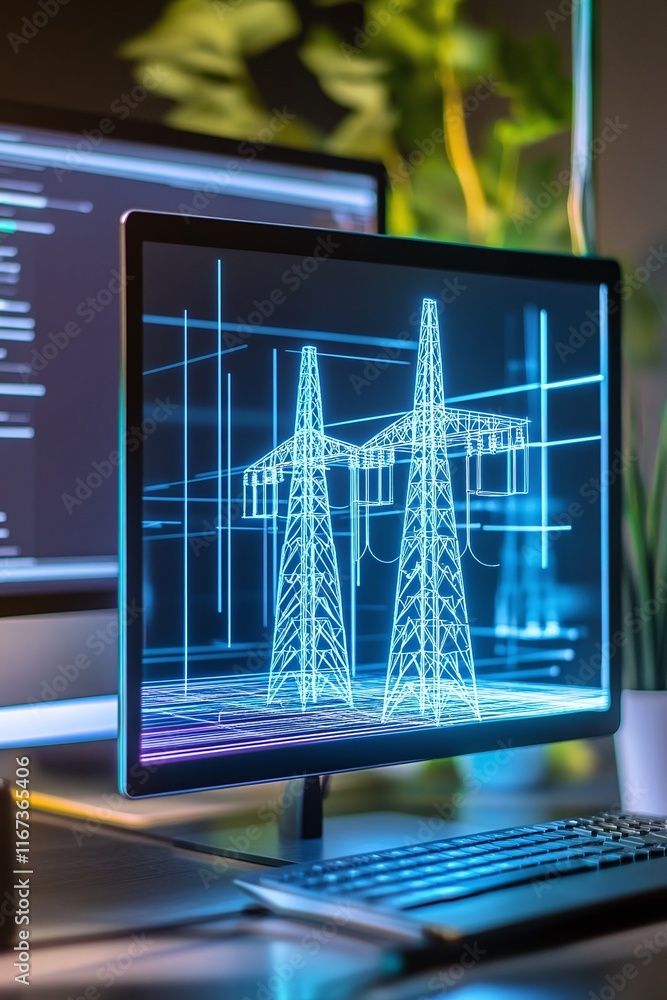 Aufkleber high-tech desktop setup with a 3d cad rendering of power grid integration with renewable sources.