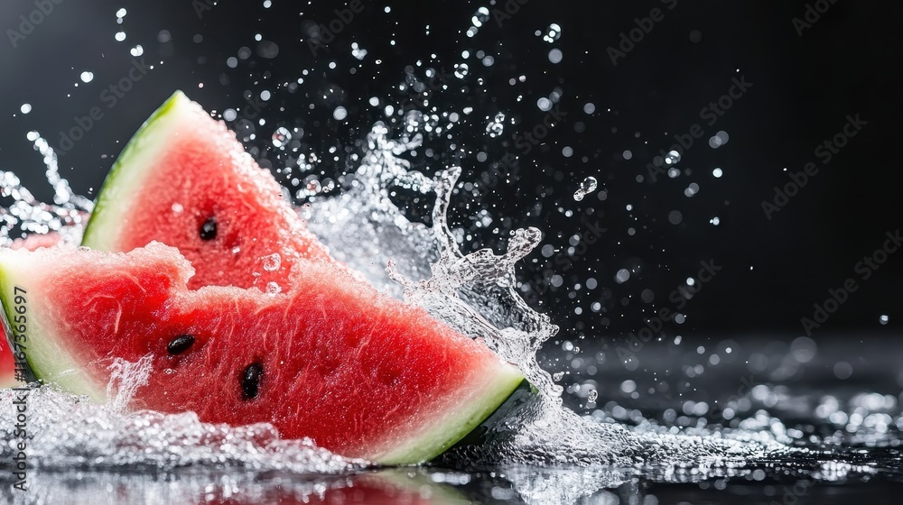 Poster this image features slices of watermelon splashing into clear water, creating a vibrant and refreshi