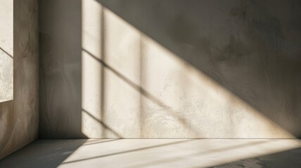 Minimalist interior with sunlit concrete wall and geometric shadows
