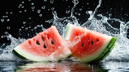 Juicy watermelon slices create a splash in water against a dramatic black background, highlighting freshness and the joy of summer fruits.