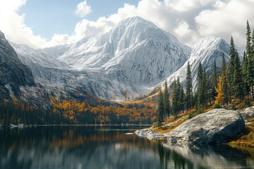 Fototapeta premium Potato Lake in the Rocky Mountains, Canada. Podium of Kamination Mountain with white rock face and green pine forest on the right side, reflection of the mountain in the lake water, autumn colors