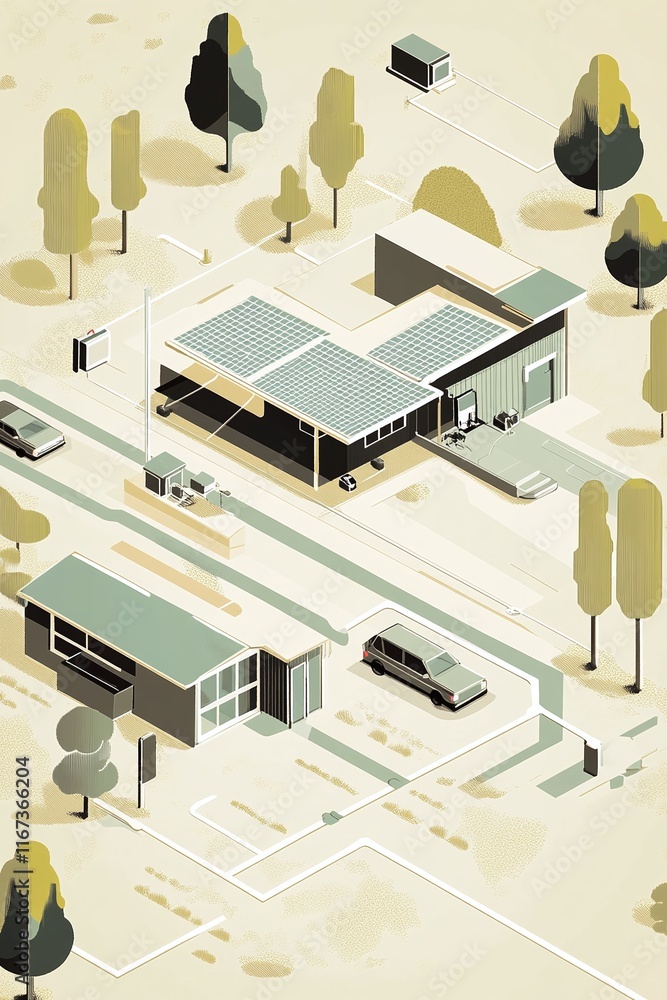 Poster interactive-style infographic of a solar home setup with energy storage usage tracking and grid tie-