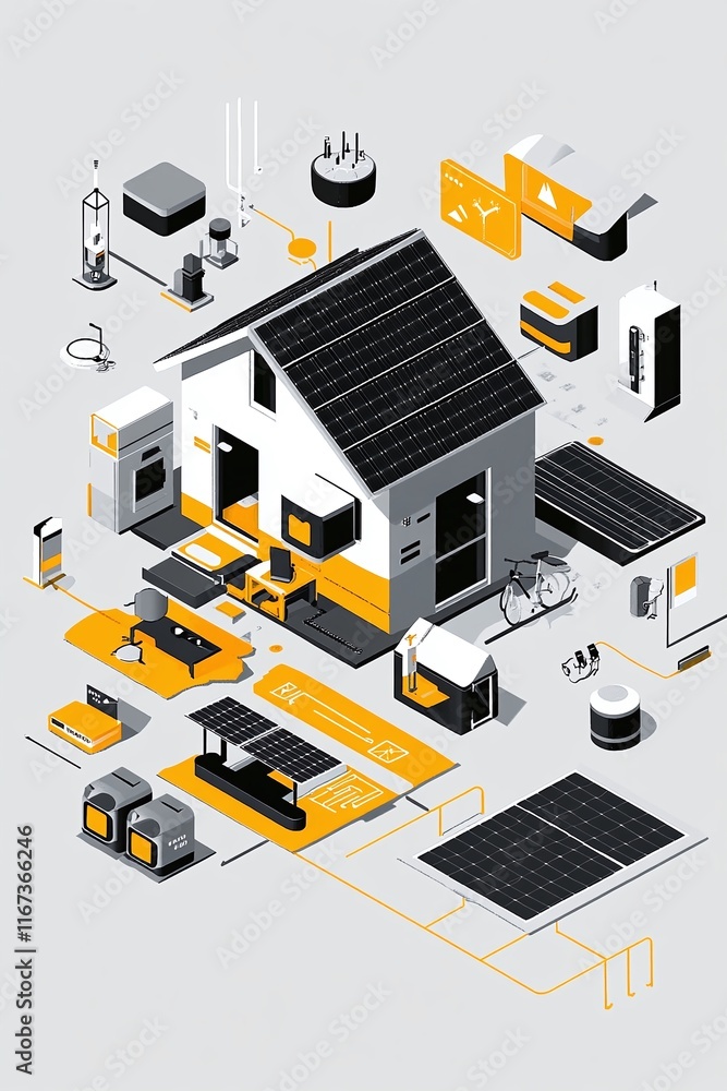 Poster interactive-style infographic of a solar home setup with energy storage usage tracking and grid tie-