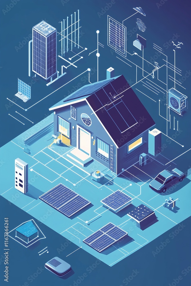 Poster interactive-style infographic of a solar home setup with energy storage usage tracking and grid tie-