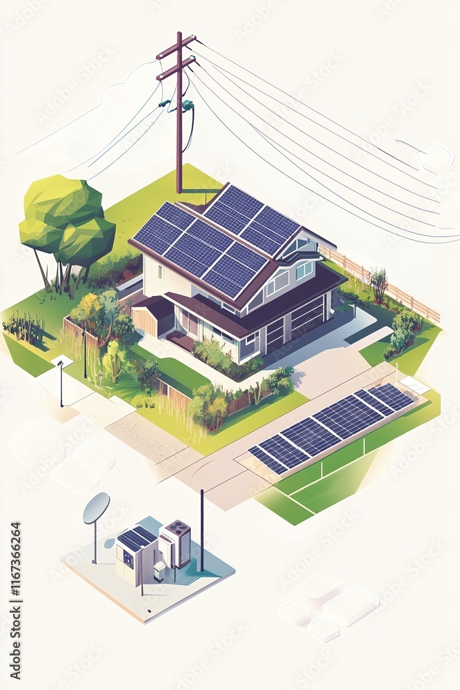 Aufkleber interactive-style infographic of a solar home setup with energy storage usage tracking and grid tie-