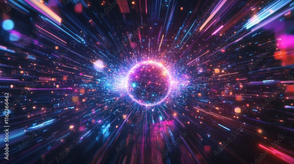 Fototapete a vibrant, dynamic visual featuring a central sphere surrounded by colorful light streaks, creating 