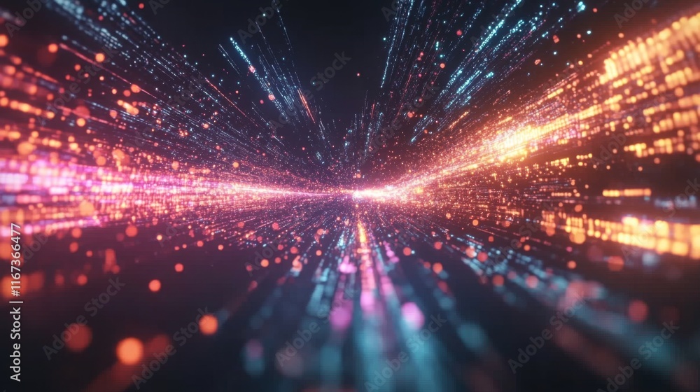 Poster a vibrant, abstract illustration depicting fast-moving light trails in various colors, creating a se