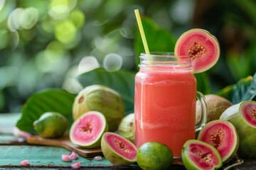Refreshing Guava Juice in a Glass with Guava Slices and Straw, Tropical Beverage in a Beach Setting