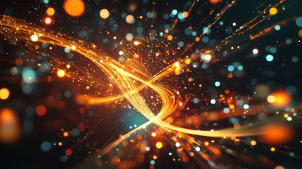 Naklejka premium A vibrant, abstract display of swirling lights and particles, showcasing dynamic movement and colorful energy against a dark background.