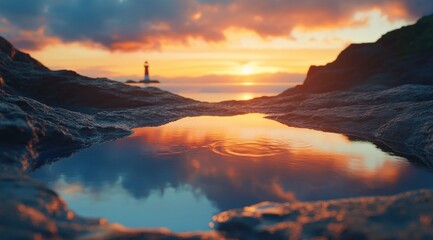 Stunning sunset at Northern Lighthouse Clip in summer, the lighthouse is reflected in the rock pool water. The sky is a beautiful orange and blue color with dramatic clouds.