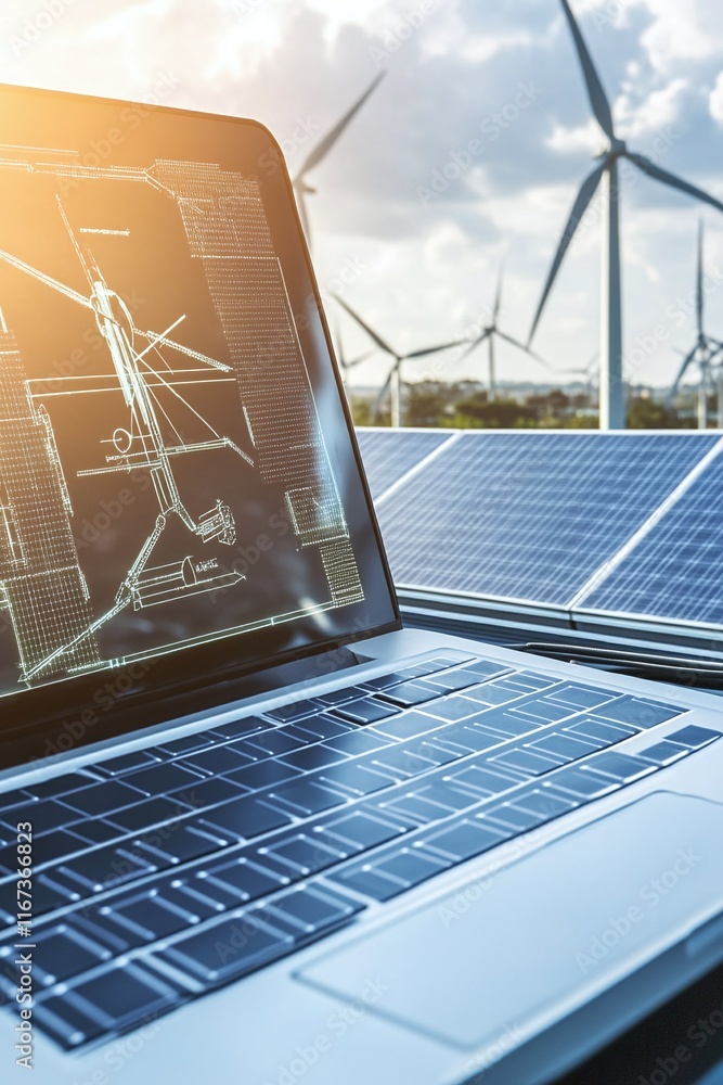Aufkleber laptop running cad software showing a hybrid grid layout with solar and wind power sources.