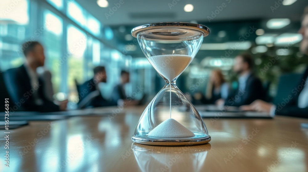 Poster a close-up of an hourglass on a conference table, with blurred figures in the background, symbolizin