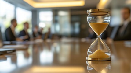A close-up of an hourglass on a conference table, symbolizing time management in a business meeting environment.